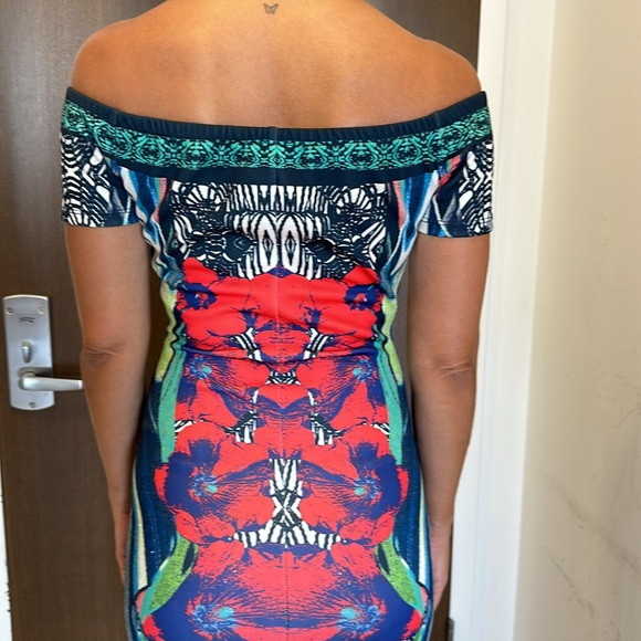 TROPICAL COLORFUL OFF THE SHOULDER TUBE DRESS CAP SLEEVES - Picture 6 of 8